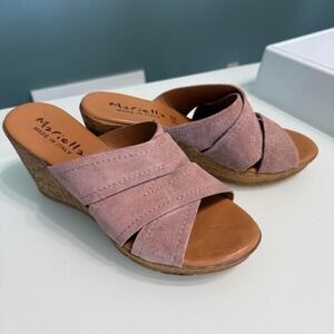 Italian leather wedge sandals blush suede slide heels size 9.5 wide